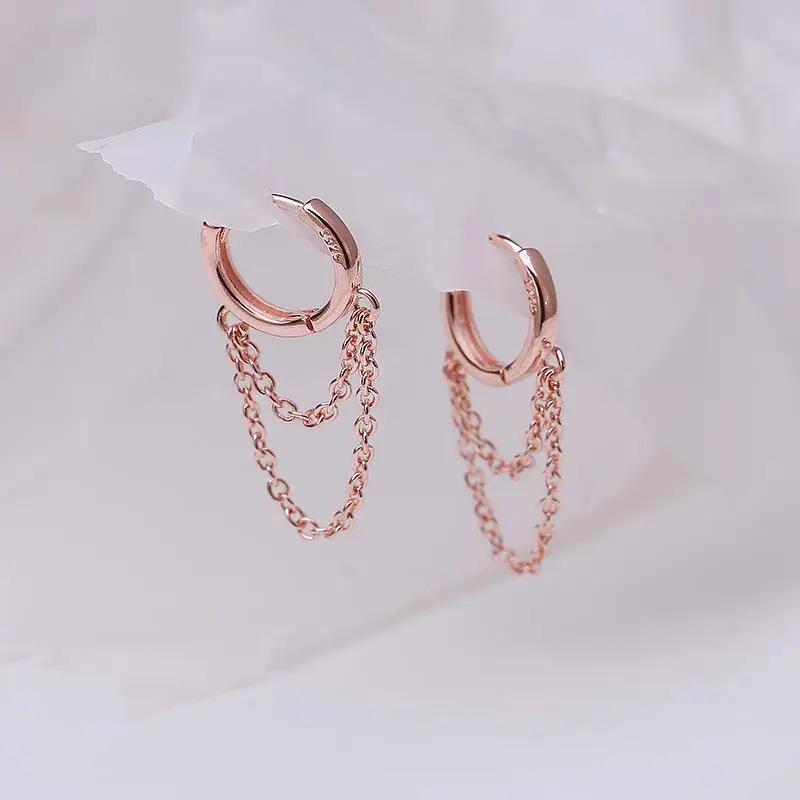 925 Silver Double Layer Tassel Hoop Earrings For Women INS Popular Cold Style Women Fashion Jewelry