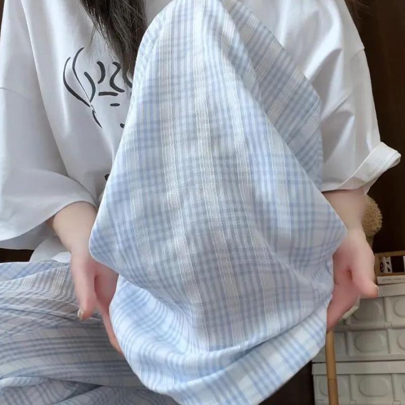 Blue Lazy Casual Plaid Wide-Leg Pants for Women - Summer Thin Loose Fit Slimming Straight-Leg Floor-Length Trousers