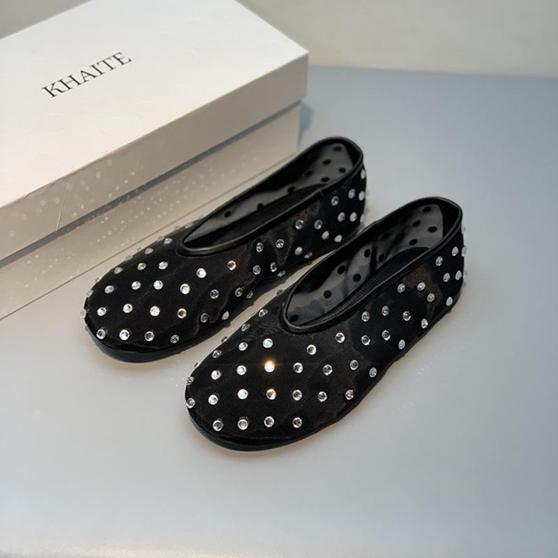 

Sheepskin Rhinestone Mesh Mary Jane Ballet Flats for Women - 2024 Summer Round Toe Low Cut Flats 39