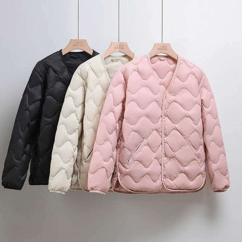 Autumn and winter new high-end light thin down jacket women's short V-neck large-size casual warm jacket out of season