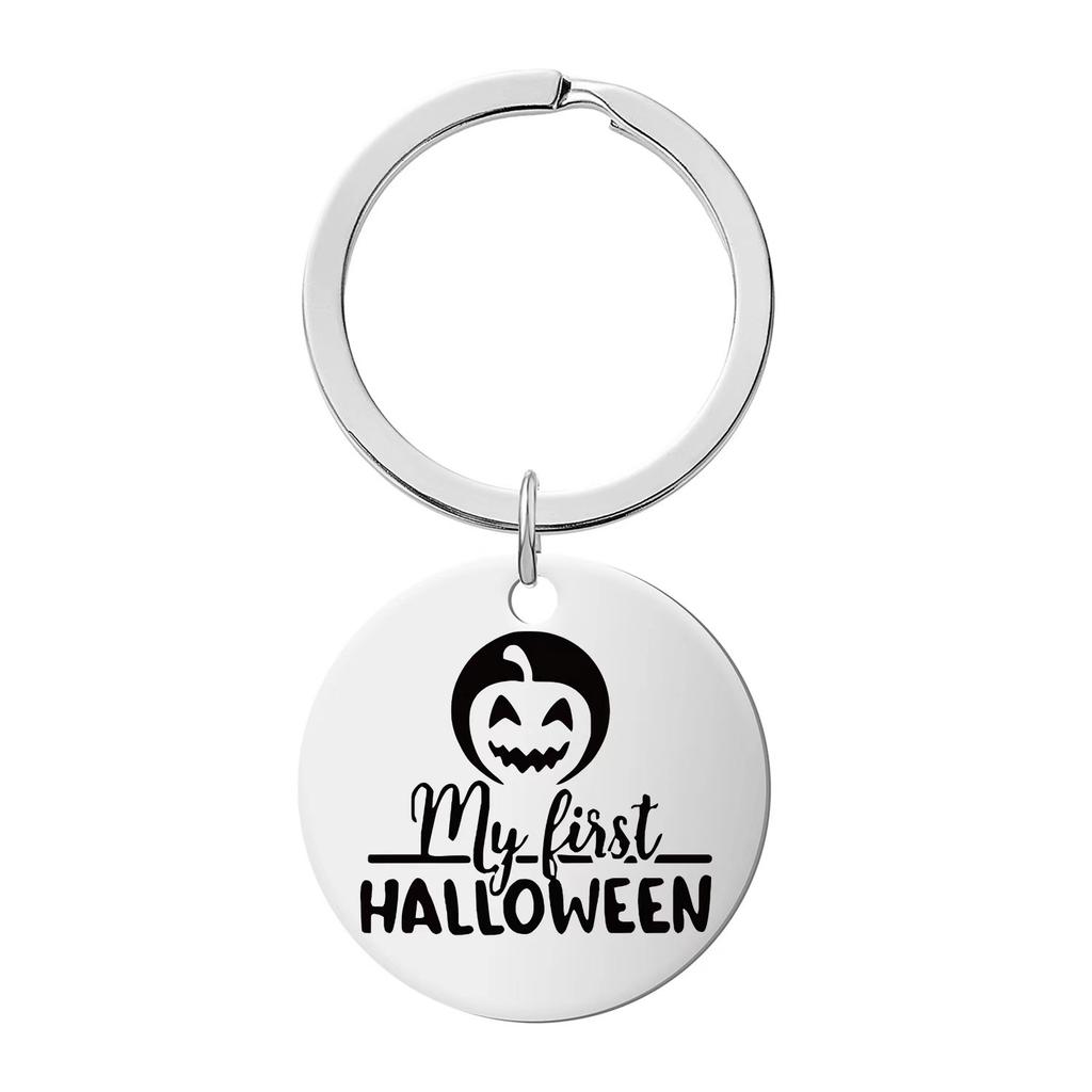 Halloween Keychain Pendant Stainless Steel Laser Engraved Round Tag Hanging Ornament Jewelry Stainless Steel Keychain for Backpack Bag Pendant