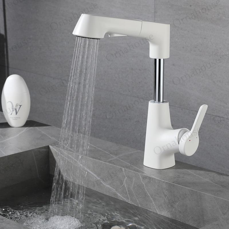 All Copper White Rotating Pull-out Basin Faucet Gun Gray Black Lifting Cold and Tropical Shower Telescopic Mixing Faucet