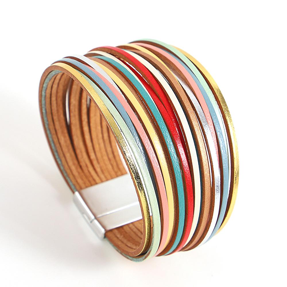 Bracelet Tendance Coloré en Cuir pour Femmes Hommes Boho Multicouche Bandes Fines Wrap Large Jonc Bracelets Bijoux de Fête Cadeaux