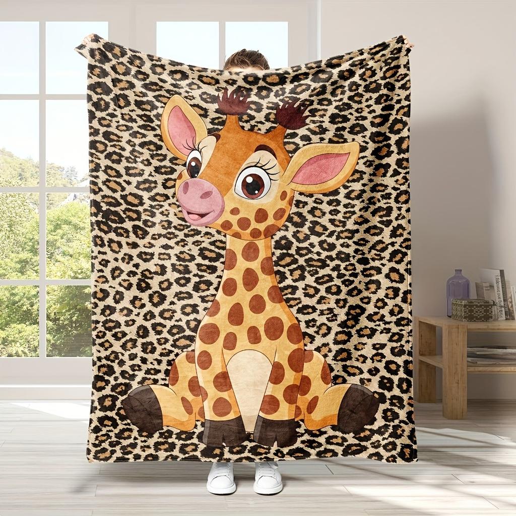 Cute Cartoon Giraffe Blanket with Leopard Print Soft Flannel Throw Blanket for Kids Bed Sofa Cozy Blanket for Home Decor & Gift