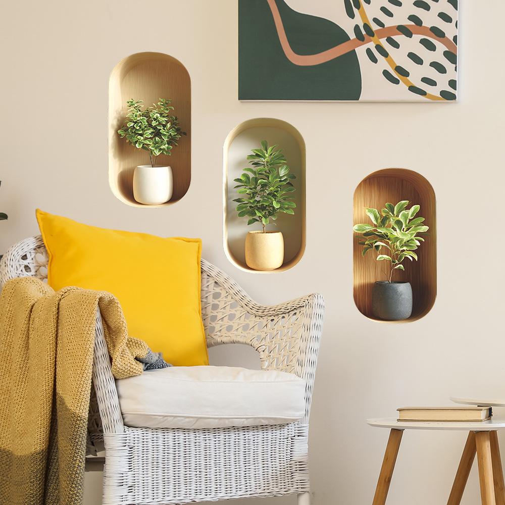 Elegant Green Plant Potted Plant Triptych, Entrance Hall, Dining Room Background, Wall Decoration Stickers