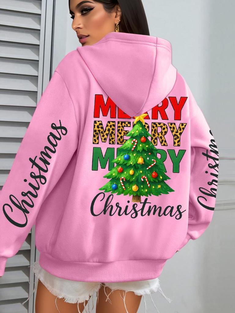 Merry Christmas Green Tree Print Women's Y2K Autumn Pocket Hoodie