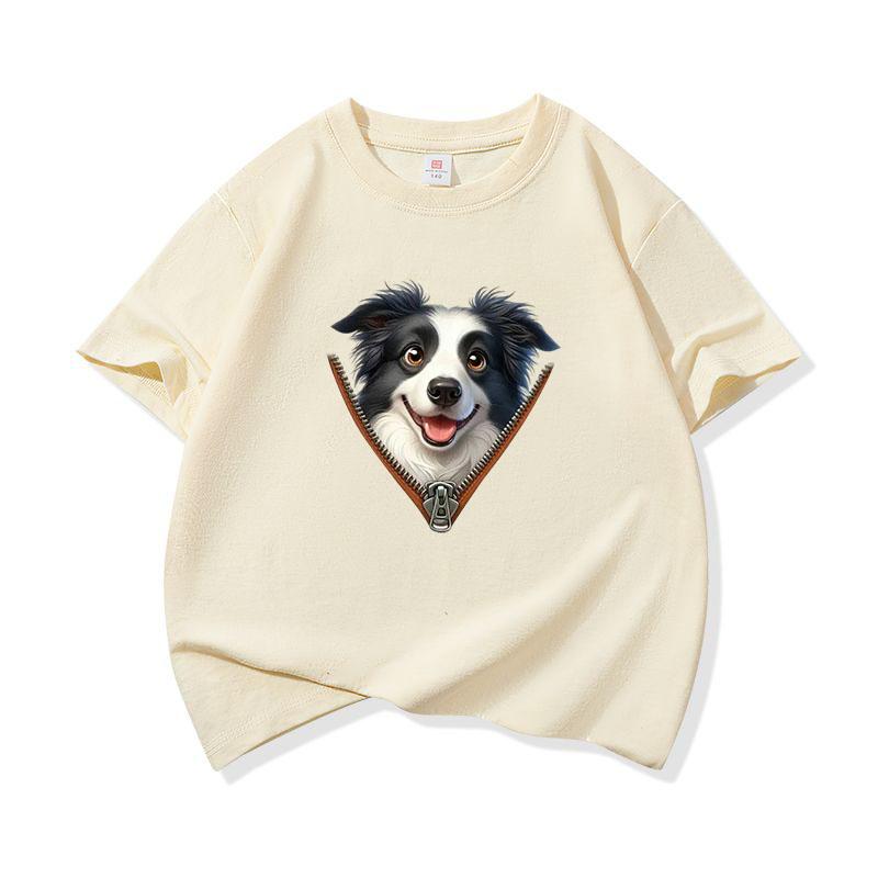 Kids Cotton T Shirt Adorable Collie Dog Zipper Print Crew Neck Short Sleeve Tee Casual Breathable Boys Girls Summer Tops