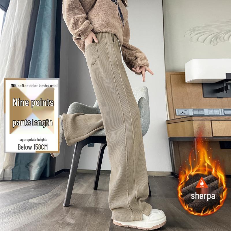 Women's Lambswool Wide-Leg Sweatpants, Autumn/Winter Narrow Straight-Leg, Tall Plus Velvet, Extra Length, Outerwear Cotton Pants.