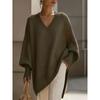 Women's V Neck Long Sleeve Knit Top Loose Fit Casual Mid Length Sweater Solid Cashmere Blend Jumper
