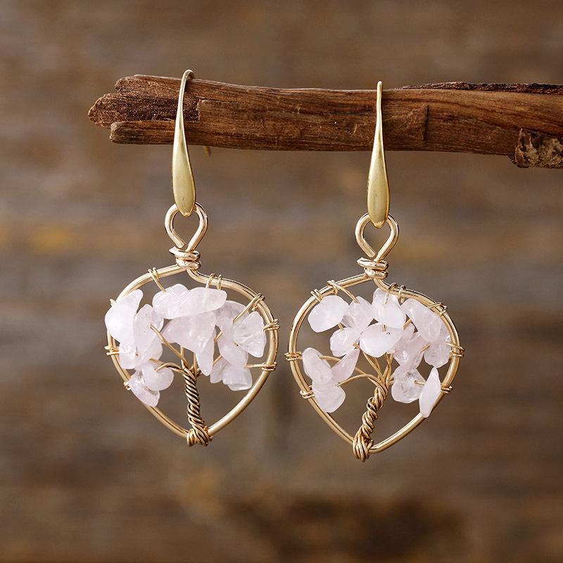 

7 Colour Bohemian Vacation Style Natural Crystal Tree of Life Earrings Earrings Earrings Popular Accessories розовый кварц