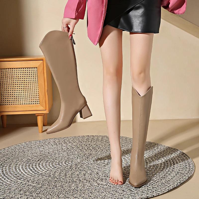 Fashion 2025 New Autumn Winter Keep Warm Fur Women Knee High Boots Fashion Pointed Toe Shoes Thick Heel Ladies Knight Long Booties