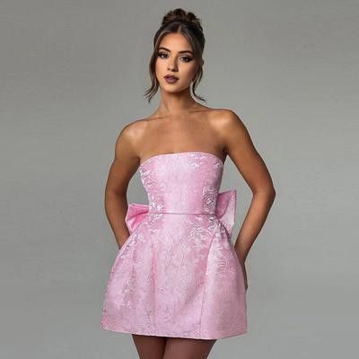 Abendkleid für Damen, mit großer Schleife, Bandeau, schulterfrei, Blumenstruktur, ärmellos, zum Schnüren, A-Linie, rückenfrei, Abschlussball, Cocktailparty, Ballkleid, Sommer