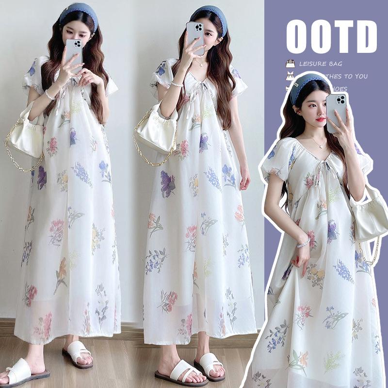 2026 Summer Floral V-Neck Chiffon Maternity Dress — Short-Sleeved, Loose-Fit, Belly-Covering Skirt 2XL