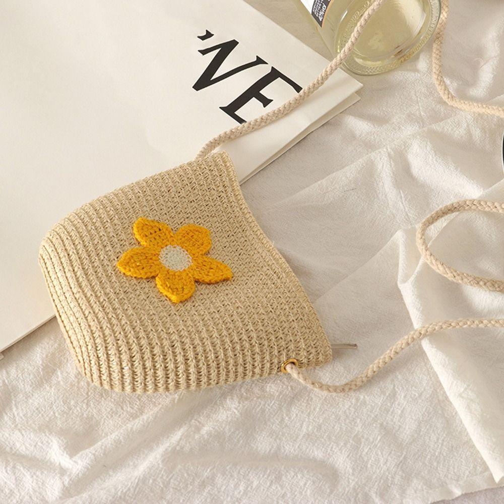 Children's Straw Beach Bag Cute Heart Pattern Shoulder Bag Straw Crossbody Bag Handbag Baby Coin Purse