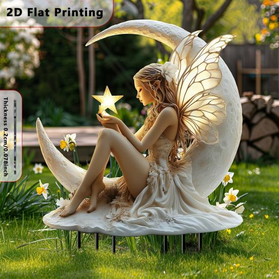 Acrylic Moon Fairy Garden Stake Decoration Weather-proof Outdoor Yard Lawn Patio Pathway Waning Moon Elf Stake Stick Ornament