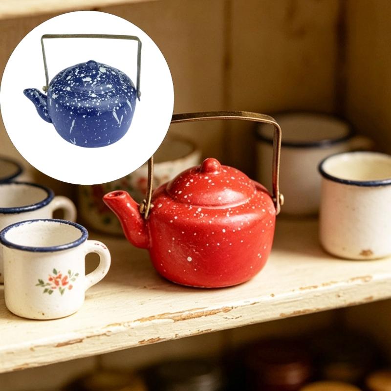 Pretend Play Kitchen Kettle Toy Miniature Enameled Model For Dollhouses Scene Easy Carry Handle Design
