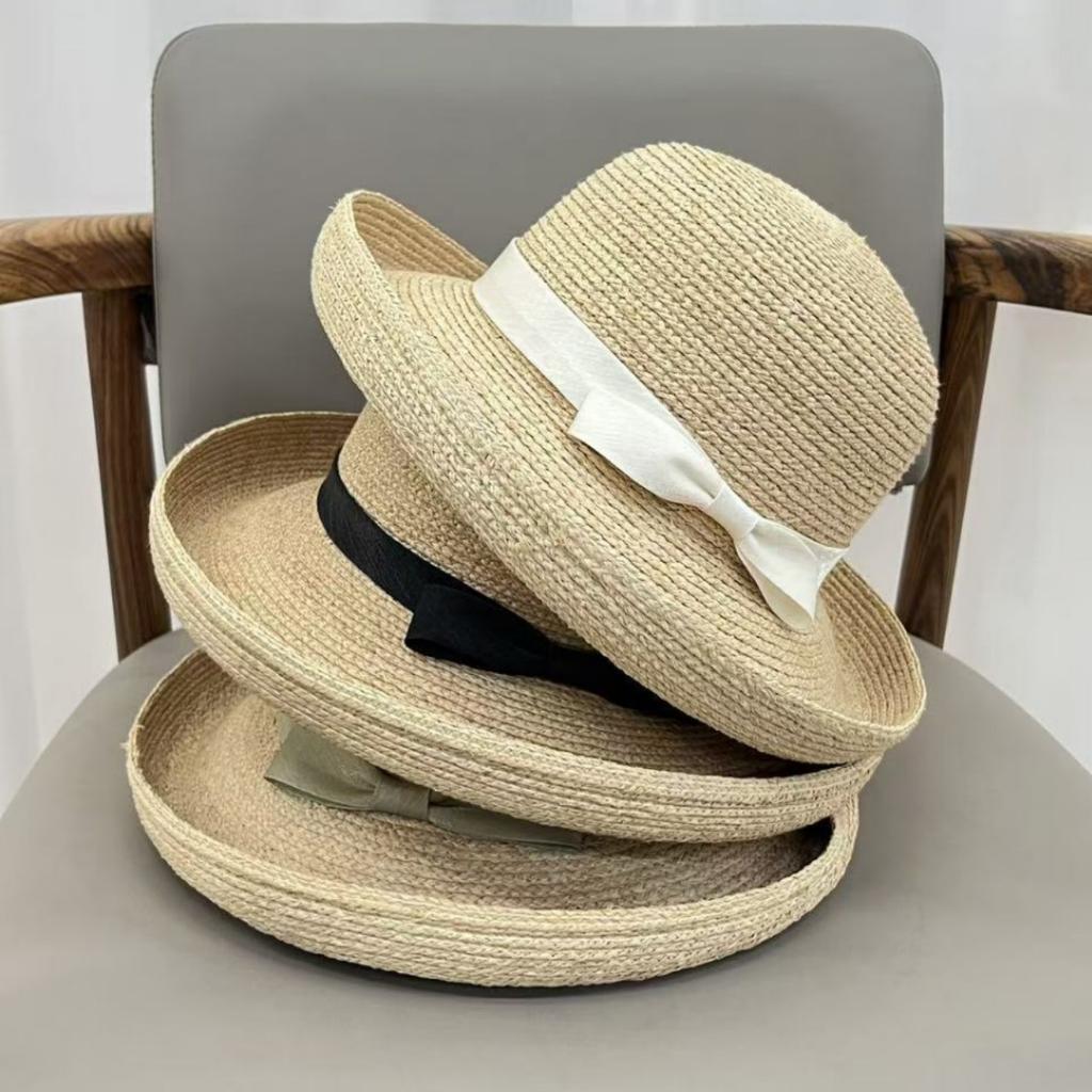 High-end natural raffia bucket hat women's summer travel seaside sunshade sunscreen crimped basin hat