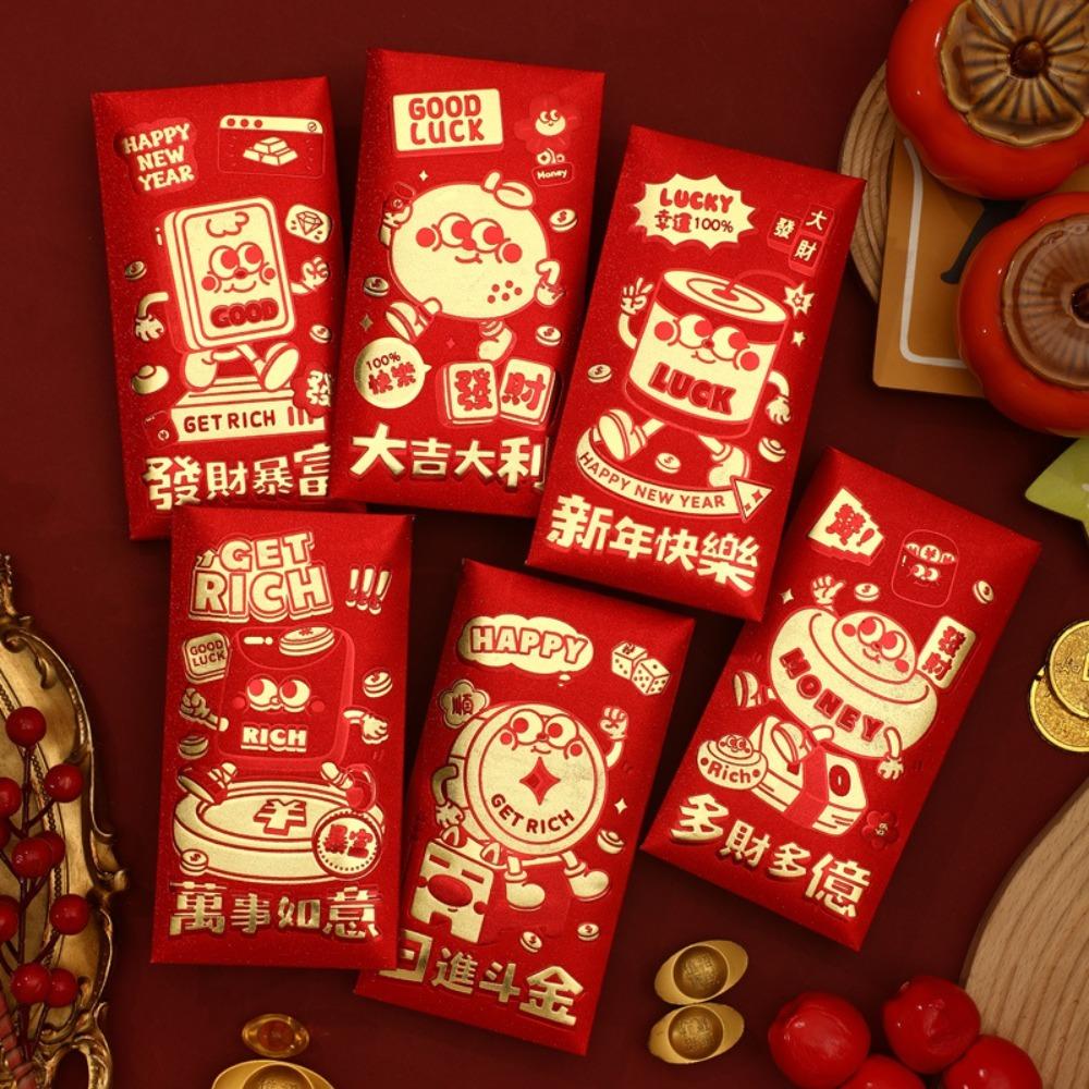 6pcs Blessings Printing Lucky Money Bag Solid HongBao Cartoon Red Packet Year of The Snake