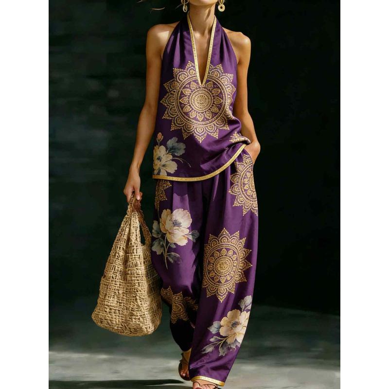 1116 set European and American women's clothing printed neck V-neck sleeveless casual pants set