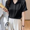 WTEMPO Women Satin Short Sleeve Shirt Elegant Lapel V Neck Blouse Smooth Office Commuter Solid Color Casual Work Top