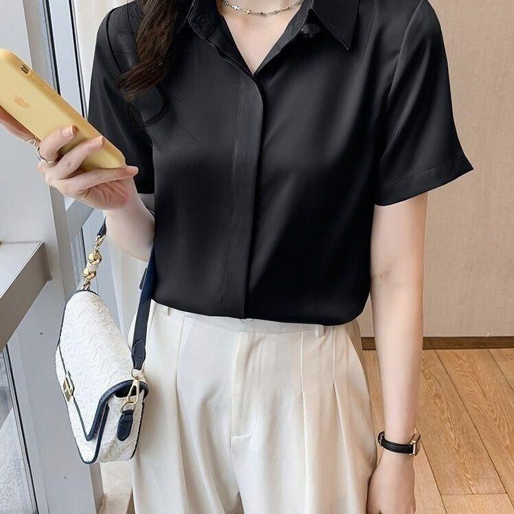 WTEMPO Women Satin Short Sleeve Shirt Elegant Lapel V Neck Blouse Smooth Office Commuter Solid Color Casual Work Top