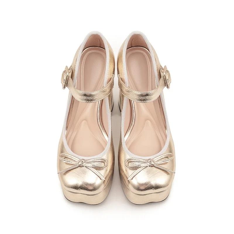 Fashion New Gold Silver Thick Heel Buckle Mary Jane High Heels Shose Fashion Square Toe Shallow Mouth Commuting Women Single Shoes 35-43