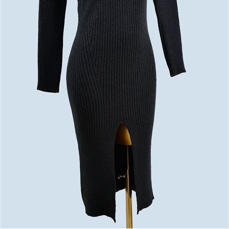 Autumn and Winter Thick Round Neck Pure Color Versatile Below the Knee Knitting Sweater Long Sleeve Front Slit Mid Length Long Length Dress