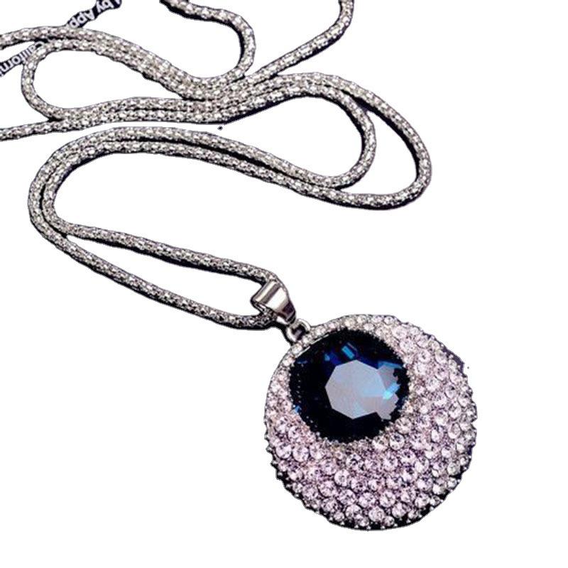 Korean Style Blue Crystal Round Pendant Necklace - Elegant, Versatile, Long Sweater Chain for Women, Perfect for Autumn/Winter