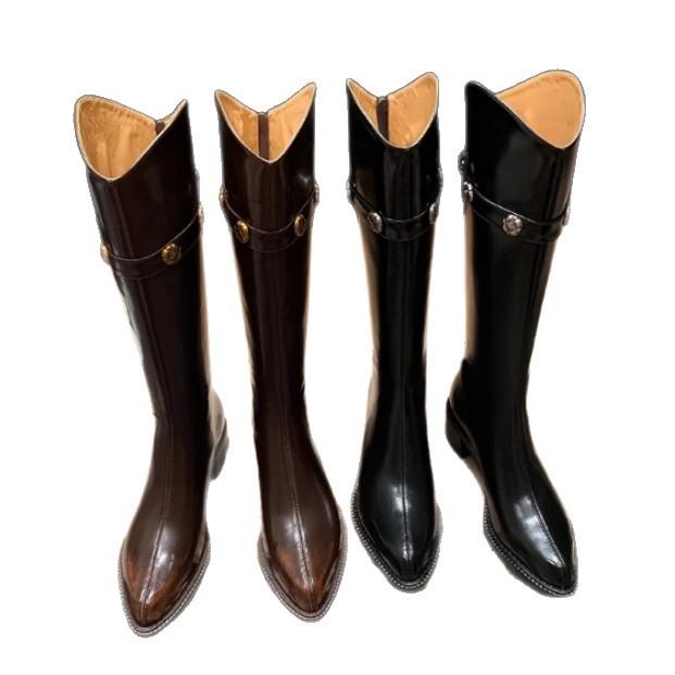 Metal buckle Maillard 2025 new pointed V-mouth straight knight boots women's big tube circumference thin thick heel boots