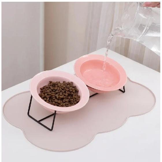 Cute 15° Tilted Ceramic Cat Bowl Double Pet Feeder Bowl with Iron Stand Anti-slip Elevated Food Water Bowl for Small Dogs Cats