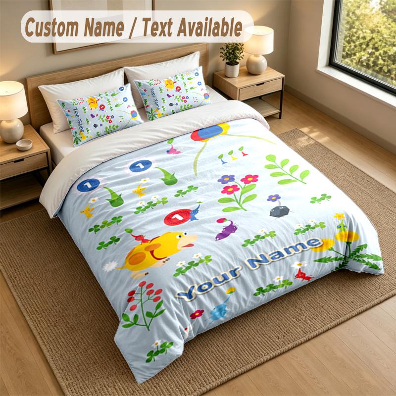 3Pcs Bedding Set Custom Name Text, 1 Sheet 2 Pillowcases Home Bed DecorPikmin
