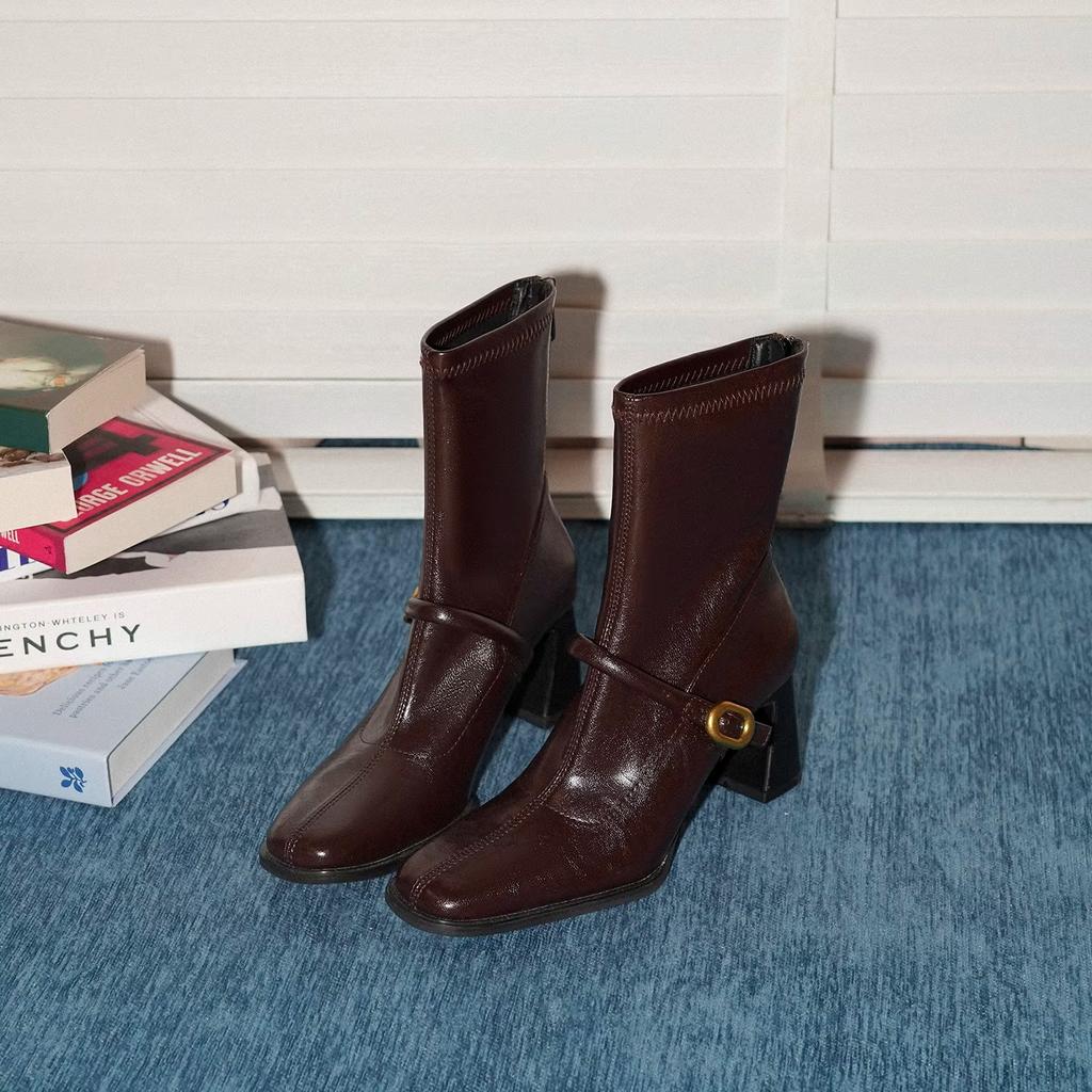 Sheepskin Version~ Retro Square Head Belt Buckle Thick Heel Medium Tube Thin Boots Temperament Versatile Tall Tube Thin Women's Fashion Boots