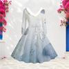 Women Plus Size V Neck Furry Trim Long Sleeve Self Tie Belt Abstract Print Gradient Blue Dress