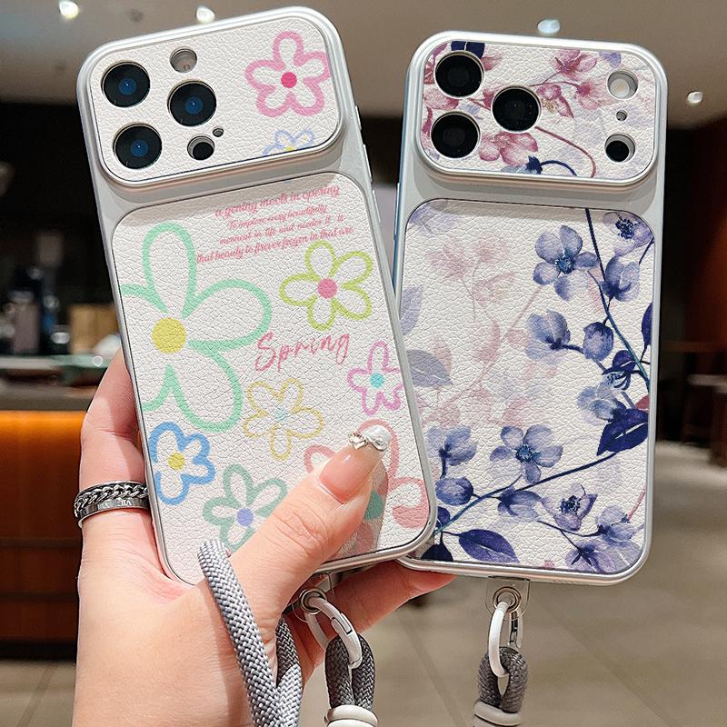 Romantic Rose Flower Pattern Leather Lanyard Case For iPhone 18 Pro Max Hybrid TPU+PU Anti-skid Soft Cover For iPhone 17 16 15 14 13 Pro Max