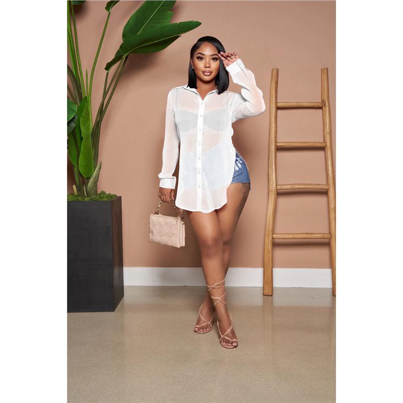 Women's Solid Color Sheer Chiffon Shirt - Sexy, Single-breasted, Long Sleeve, Loose Fit with Lapel and Split Design