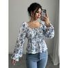 T-shirt Fresca e Dolce da Donna Autunno e Inverno Scollo Quadrato Maniche a Bolla Floreale Esplosivo Top a Maniche Lunghe