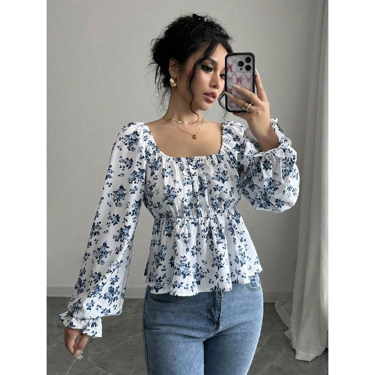 T-shirt Fresca e Dolce da Donna Autunno e Inverno Scollo Quadrato Maniche a Bolla Floreale Esplosivo Top a Maniche Lunghe