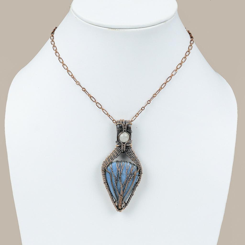 Owyhee Opal, Moonstone Gemstone Copper Wire Wrap Pendant 3.15"