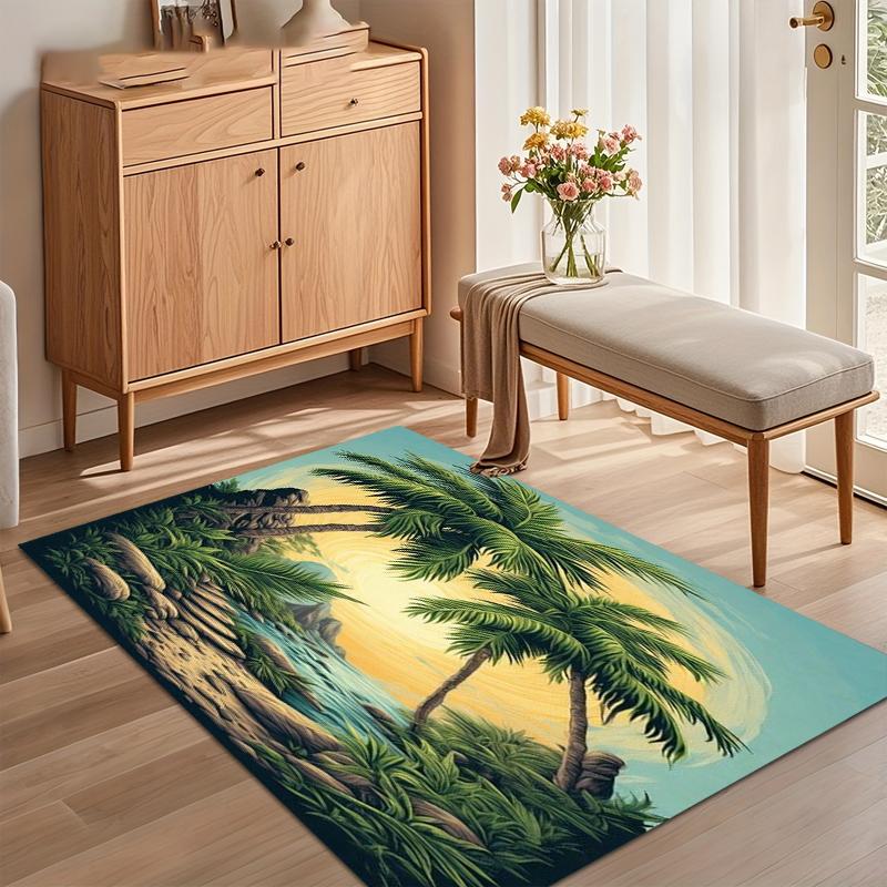 Soft Non-Slip Tropical Paradise Area Rug with Palm Tree and Waterfall Design for Living Room Bedroom Nursery Home Decor