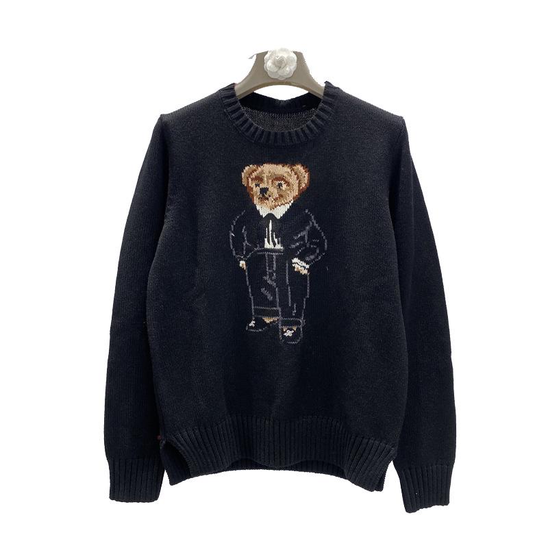 Cartoon Bear Embroidered Jacquard Knit Sweater - Women's Long Sleeve Round Neck