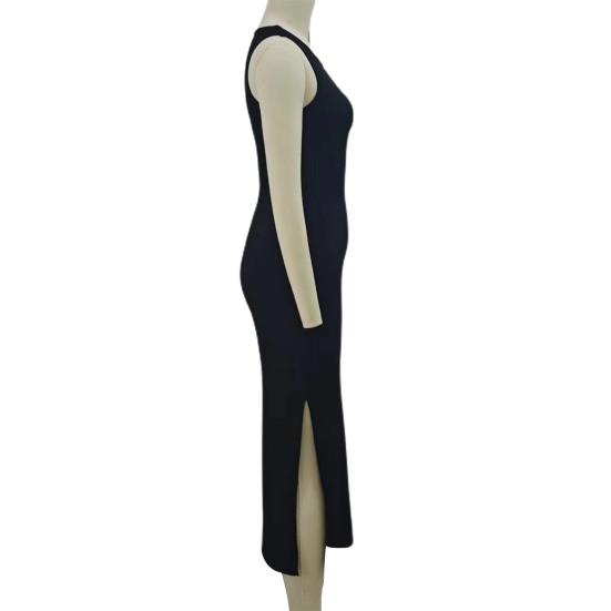 Summer Women Dress Sleeveless Split Hem Solid Color O Neck Elastic Sheath High Waist Ankle Length Skinny Solid Color Party Club Maxi Dress
