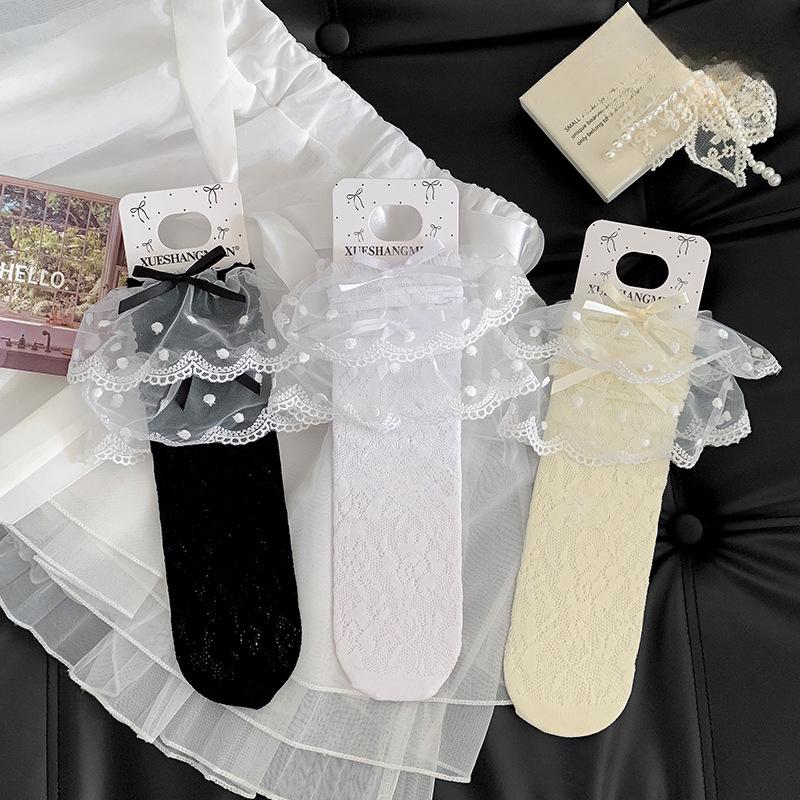 Lace Lace Socks for Women Spring and Summer, Thin Pile Socks, Lolita Rose Ballet-style Bow Stockings