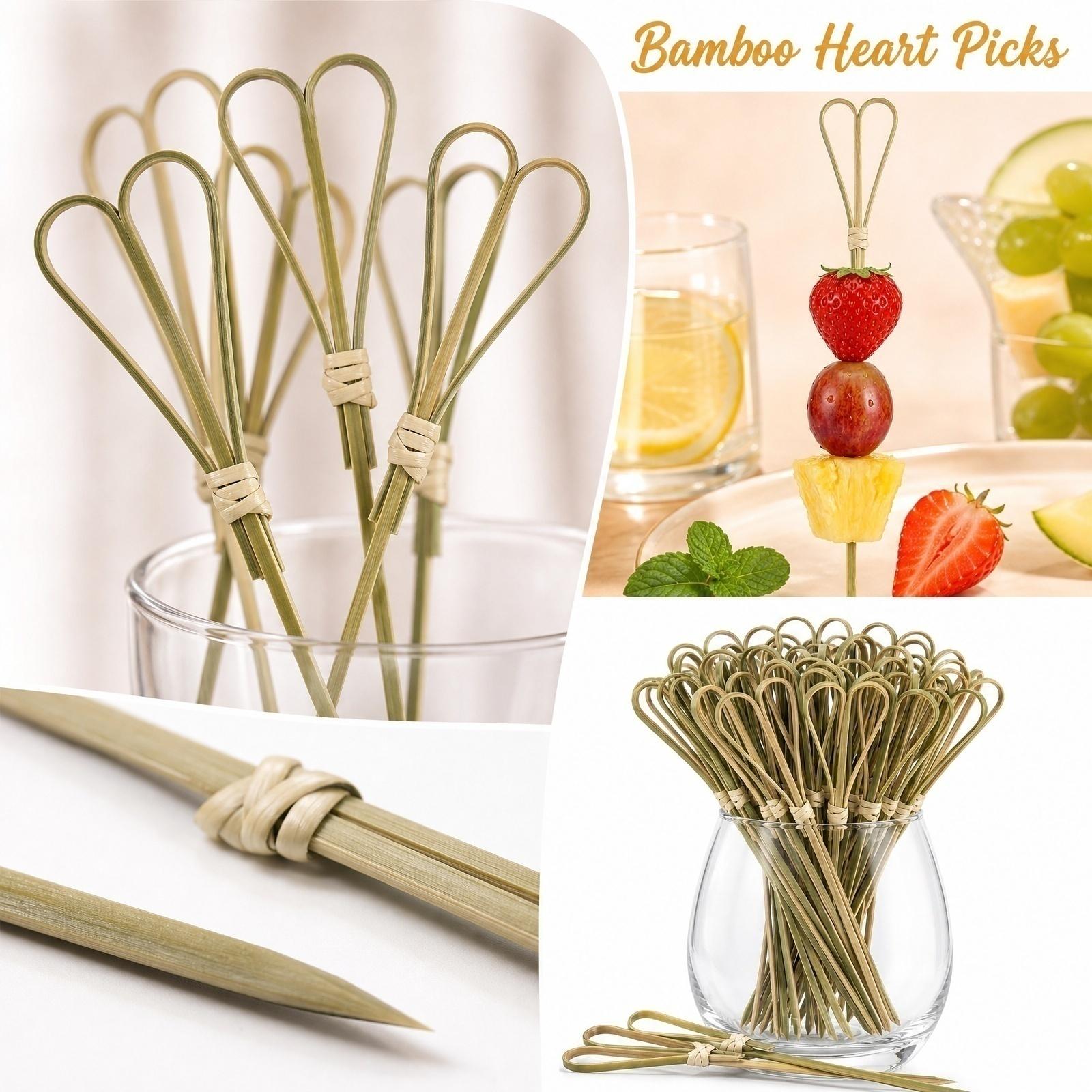 4 73inch Bamboo Heart Shaped Cocktail Picks 100pcs Natural Material Disposable Appetizer Sticks for Party Events and Food Presentation One Size