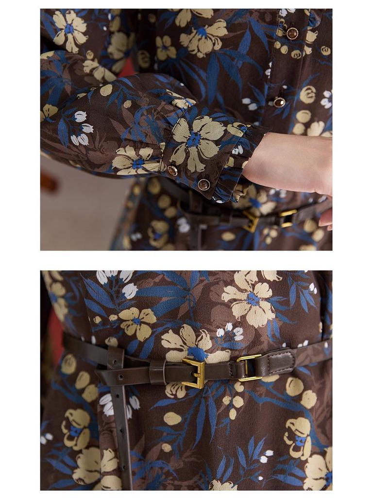 100% Mulberry Silk Long Sleeve Pleated Midi Dress for Women - Printed Slimming Style