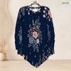 Women Plus Size Round Neck Long Sleeve T Shirt Dark Green Gold Floral Printed Asymmetric Hem Button Detail