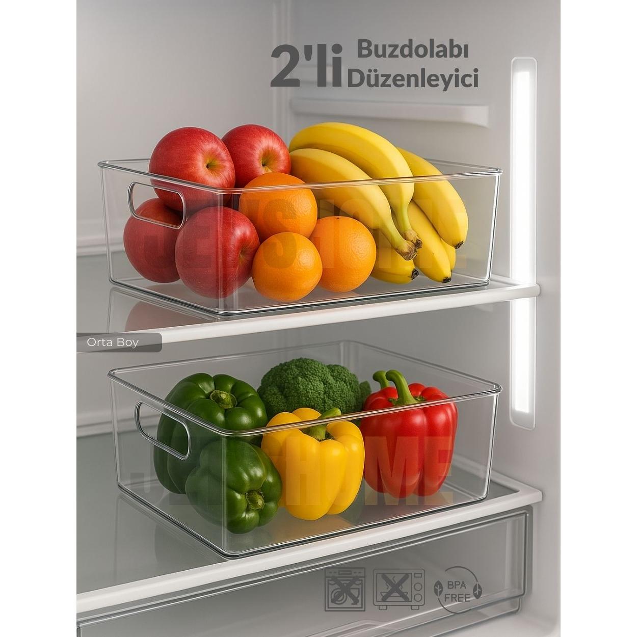 

2 li Buzdolabı İçi Düzenleyici Saklama Organizeri Bpa Free Düzenleyici Darbeye Dayanıklı 28X19X9 cm