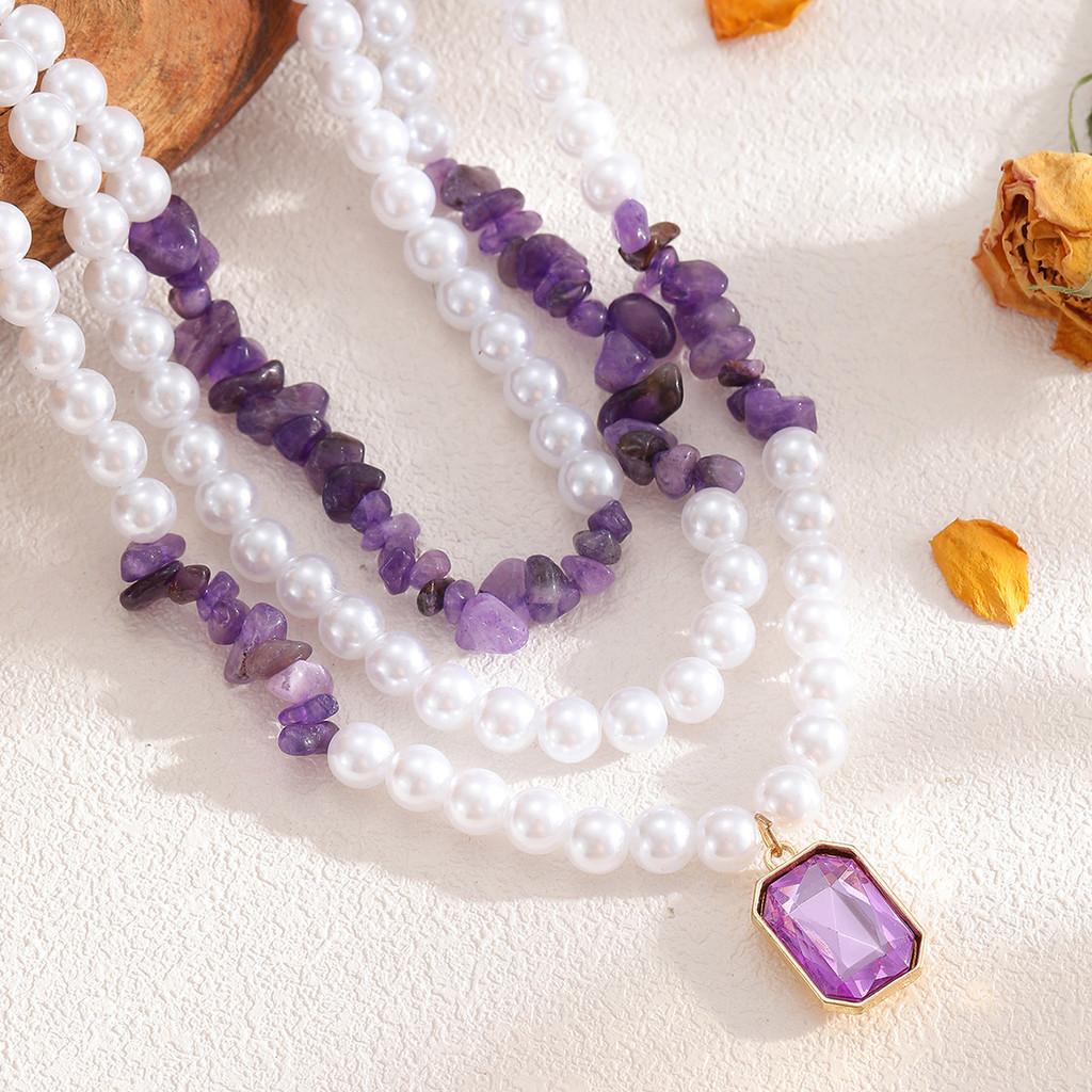 Geometric Pearl Necklace With Crystal Pendant For Women Summer