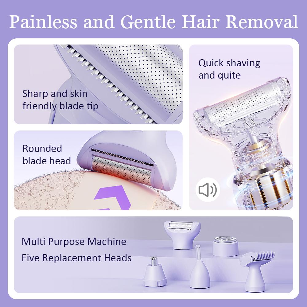 5 in1 Women's Electric Hair Trimmer for Body Face Bikini Underarm Nose-IPX7 Wet/Dry USB Rechargeable Painless Precision Trimming