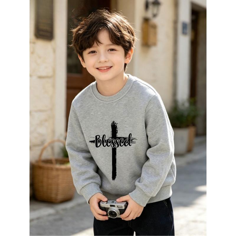 European sizes Spring Autumn Casual Children's Retro Cross Slogan Round Neck Sweatshirt, Distressed Brushstroke Cross Print Boy's Long Sleeve Top.