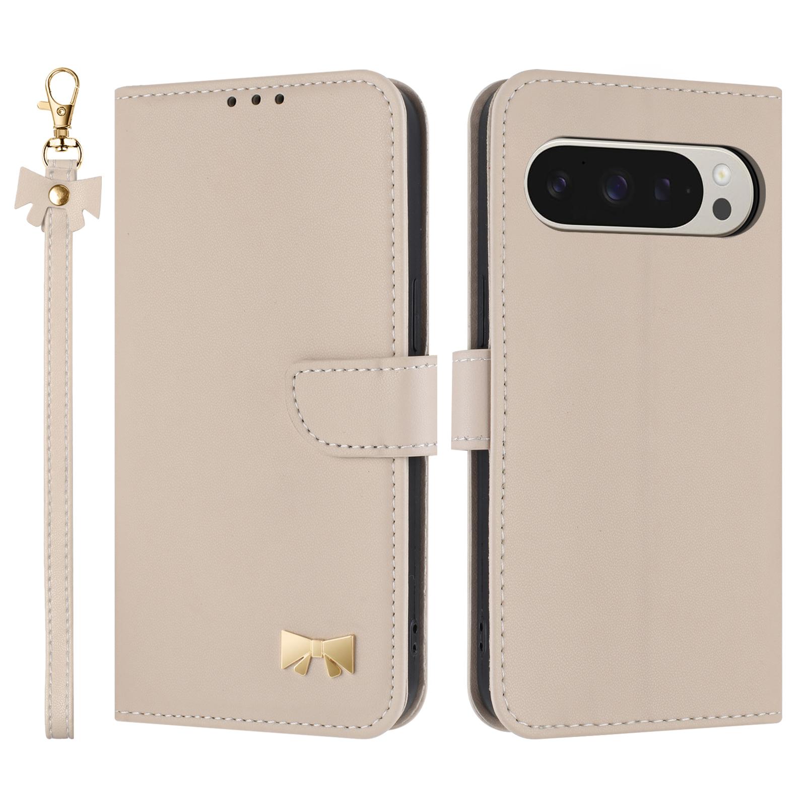 

For Google Pixel 10 Pro XL/9 Pro XL Case Bowknot Decor Wallet Leather Phone Cover with Wrist Strap Khaki